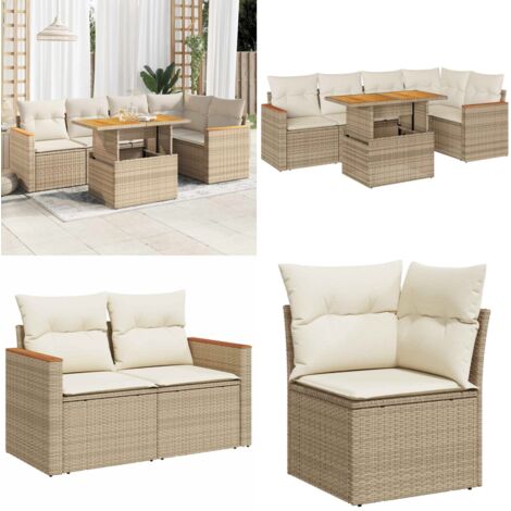 Set Divano da Giardino 6 pz con Cuscini Beige Polyrattan Acacia - Sedute da giardino - Tavolo da giardino
