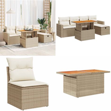 Set Divano da Giardino 6 pz con Cuscini Beige Polyrattan Acacia - Sedute da giardino - Tavolo da giardino