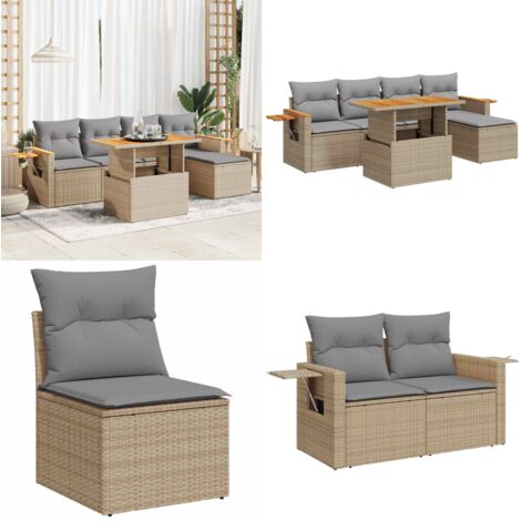 Set Divano da Giardino 6 pz con Cuscini Beige Polyrattan Acacia - Sedute da giardino - Tavolo da giardino