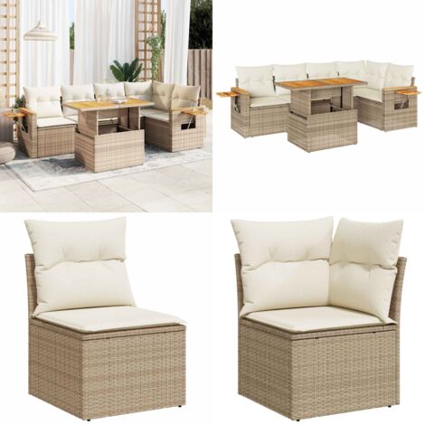Set Divano da Giardino 6 pz con Cuscini Beige Polyrattan Acacia - Sedute da giardino - Tavolo da giardino