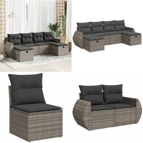 Set Divano da Giardino 6 pz con Cuscini Grigio in Polyrattan - Poltrona da giardino - Cuscini da giardino