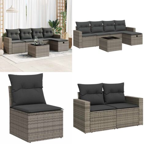 Set Divano da Giardino 6 pz con Cuscini Grigio in Polyrattan - Poltrona da giardino - Cuscini da giardino