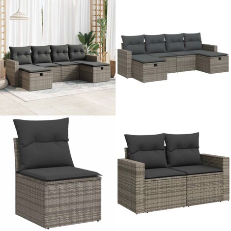 Set Divano da Giardino 6 pz con Cuscini Grigio in Polyrattan - Poltrona da giardino - Cuscini da giardino