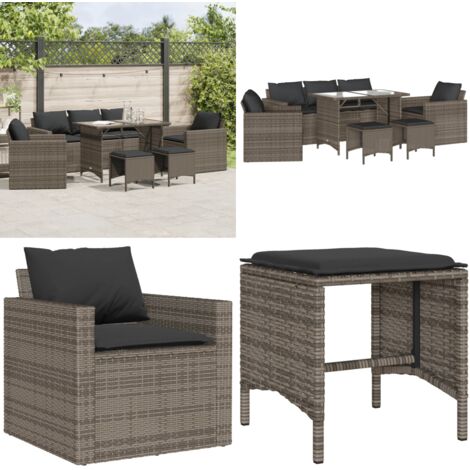 Set Divano da Giardino 6 pz con Cuscini Grigio in Polyrattan - Poltrona da giardino - Sgabello da giardino
