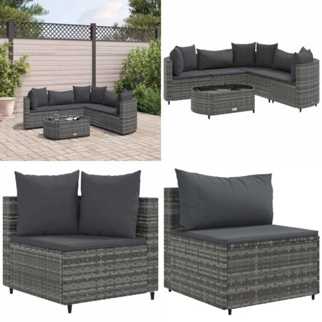 Set Divano da Giardino 6 pz con Cuscini Grigio in Polyrattan - Sedute angolari - Cuscini per seduta