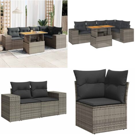 Set Divano da Giardino 6 pz con Cuscini Grigio in Polyrattan - Sedute da esterno - Tavolo da giardino