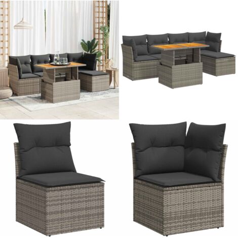 Set Divano da Giardino 6 pz con Cuscini Grigio in Polyrattan - Sedute da esterno - Tavolo da giardino