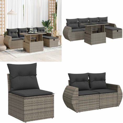 Set Divano da Giardino 6 pz con Cuscini Grigio in Polyrattan - Sedute da giardino - Cuscini da giardino