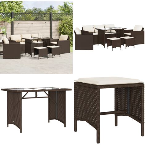 Set Divano da Giardino 6 pz con Cuscini Marrone in Polyrattan - Poltrona da giardino - Sgabello da giardino