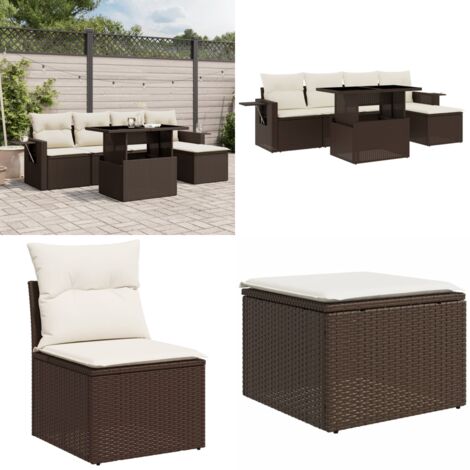 Set Divano da Giardino 6 pz con Cuscini Marrone in Polyrattan - Poltrona da giardino - Tavolo da giardino