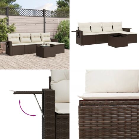 Set Divano da Giardino 6 pz con Cuscini Marrone in Polyrattan - Poltrona da giardino - Tavolo da giardino