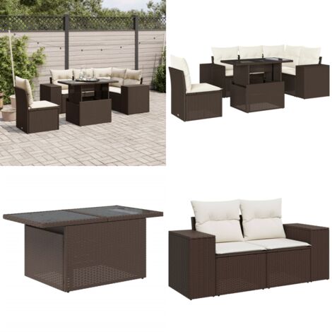 Set Divano da Giardino 6 pz con Cuscini Marrone in Polyrattan - Poltrona da giardino - Tavolo da giardino