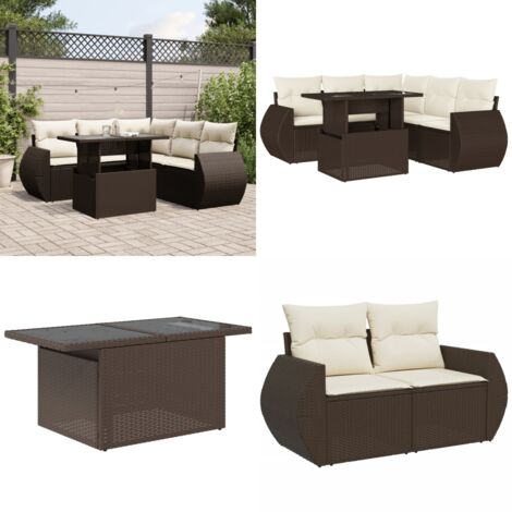 Set Divano da Giardino 6 pz con Cuscini Marrone in Polyrattan - Poltrona da giardino - Tavolo da giardino