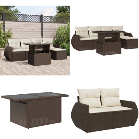 Set Divano da Giardino 6 pz con Cuscini Marrone in Polyrattan - Poltrona da giardino - Tavolo da giardino