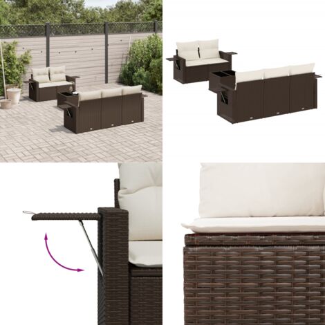 Set Divano da Giardino 6 pz con Cuscini Marrone in Polyrattan - Poltrone da giardino - Tavolo da giardino