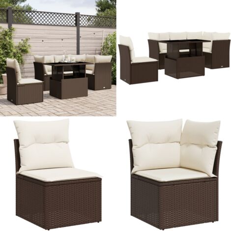 Set Divano da Giardino 6 pz con Cuscini Marrone in Polyrattan - Sedute da esterno - Tavolo da giardino