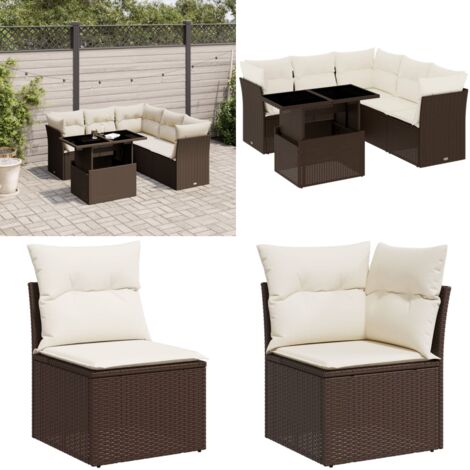 Set Divano da Giardino 6 pz con Cuscini Marrone in Polyrattan - Sedute da esterno - Tavolo da giardino