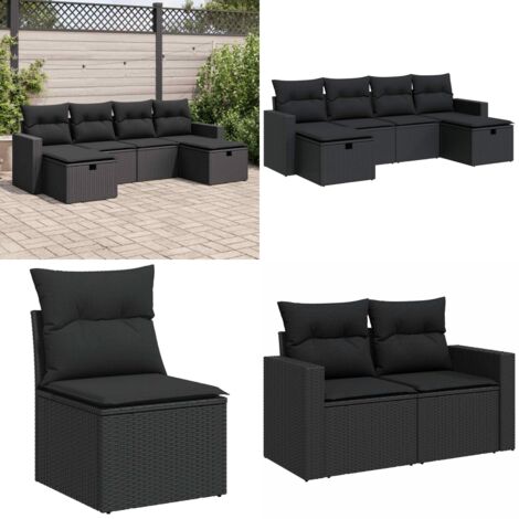 Set Divano da Giardino 6 pz con Cuscini Nero in Polyrattan - Poltrona da giardino - Cuscini da giardino