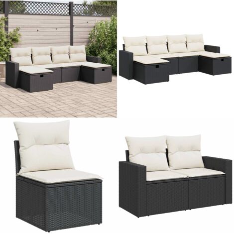 Set Divano da Giardino 6 pz con Cuscini Nero in Polyrattan - Poltrona da giardino - Cuscini da giardino