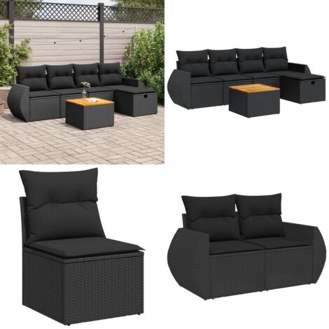 Set Divano da Giardino 6 pz con Cuscini Nero in Polyrattan - Poltrona da giardino - Cuscini da giardino