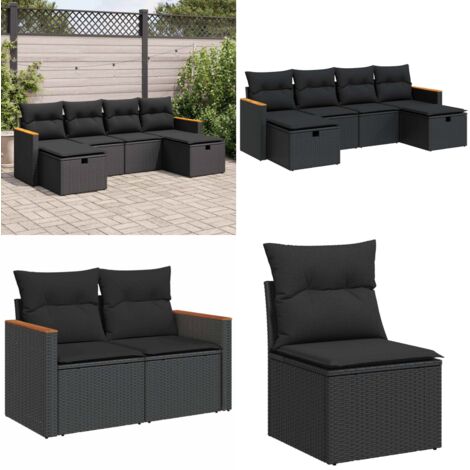 Set Divano da Giardino 6 pz con Cuscini Nero in Polyrattan - Poltrona da giardino - Cuscini da giardino