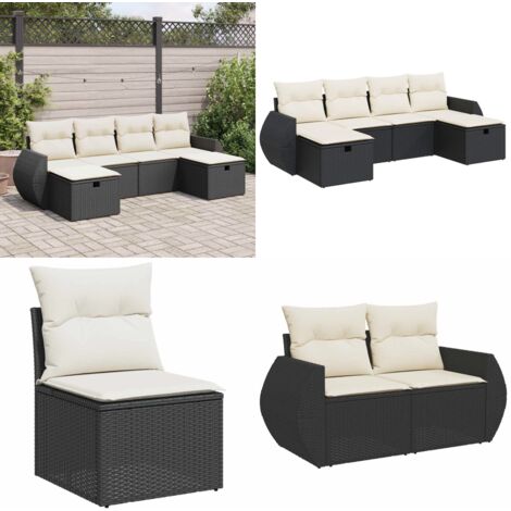 Set Divano da Giardino 6 pz con Cuscini Nero in Polyrattan - Poltrona da giardino - Cuscini da giardino