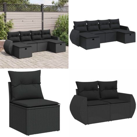 Set Divano da Giardino 6 pz con Cuscini Nero in Polyrattan - Poltrona da giardino - Cuscini da giardino