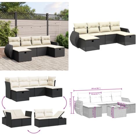 Set Divano da Giardino 6 pz con Cuscini Nero in Polyrattan - Poltrona da giardino - Cuscino da giardino