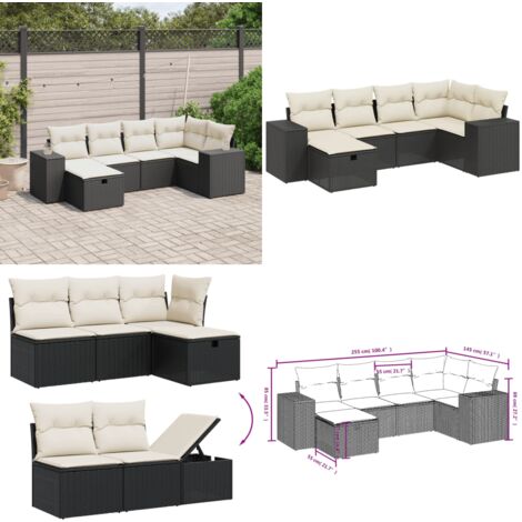 Set Divano da Giardino 6 pz con Cuscini Nero in Polyrattan - Poltrona da giardino - Cuscino da giardino