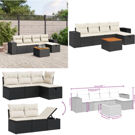 Set Divano da Giardino 6 pz con Cuscini Nero in Polyrattan - Poltrona da giardino - Cuscino da seduta