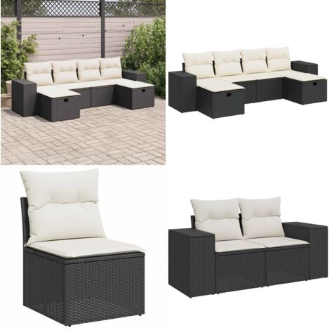 Set Divano da Giardino 6 pz con Cuscini Nero in Polyrattan - Poltrona da giardino - Seduta da esterno