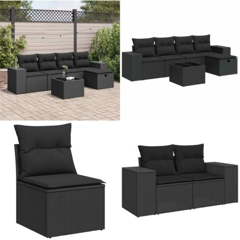 Set Divano da Giardino 6 pz con Cuscini Nero in Polyrattan - Poltrona da giardino - Seduta da giardino