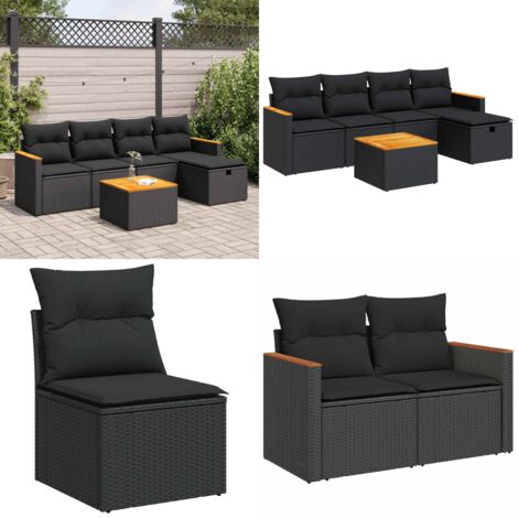 Set Divano da Giardino 6 pz con Cuscini Nero in Polyrattan - Poltrona da giardino - Seduta da giardino