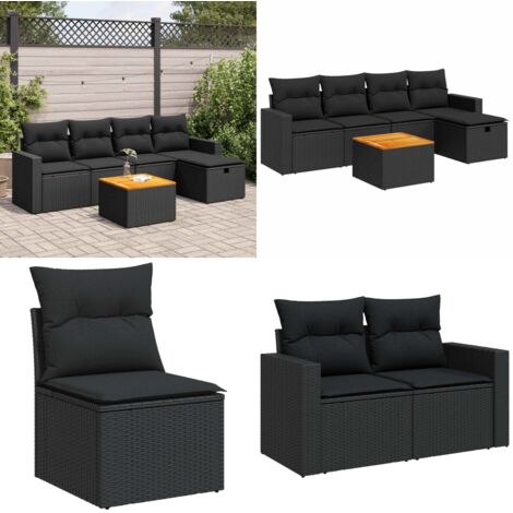 Set Divano da Giardino 6 pz con Cuscini Nero in Polyrattan - Poltrona da giardino - Seduta da giardino