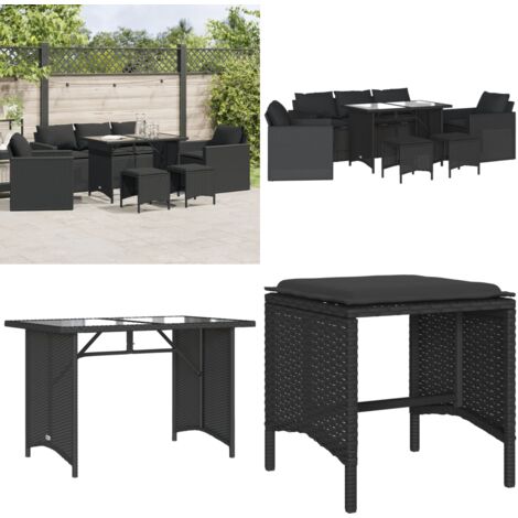 Set Divano da Giardino 6 pz con Cuscini Nero in Polyrattan - Poltrona da giardino - Sgabello da giardino