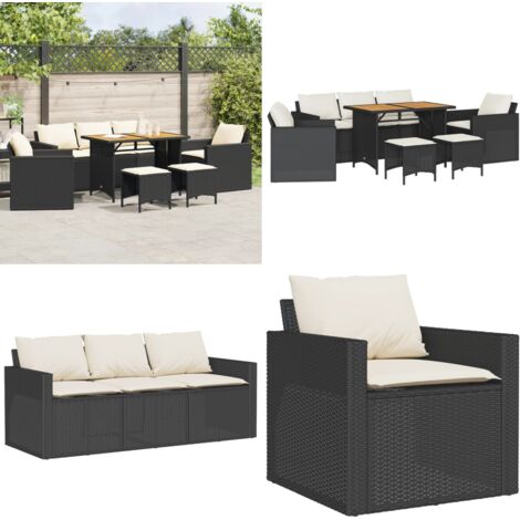 Set Divano da Giardino 6 pz con Cuscini Nero in Polyrattan - Poltrona da giardino - Sgabello da giardino