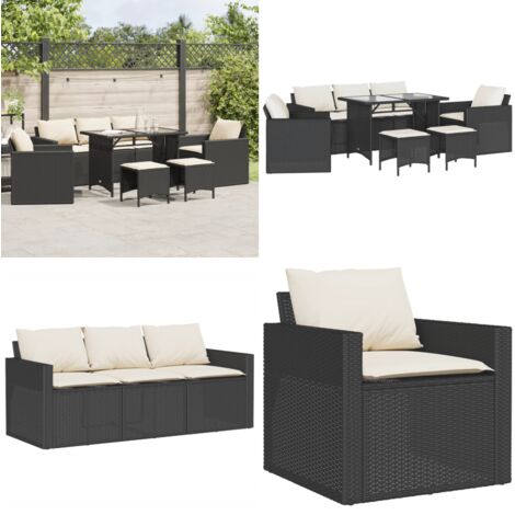 Set Divano da Giardino 6 pz con Cuscini Nero in Polyrattan - Poltrona da giardino - Sgabello da giardino
