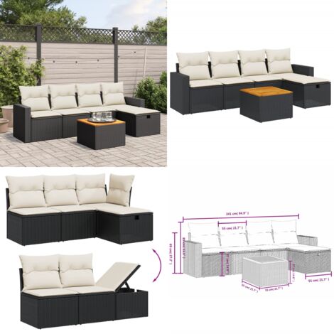 Set Divano da Giardino 6 pz con Cuscini Nero in Polyrattan - Poltrona da giardino - Tavolo da giardino