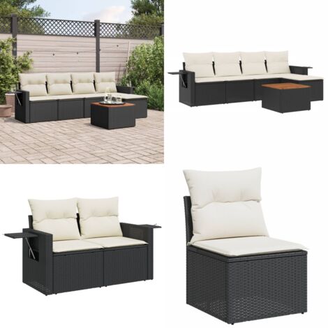 Set Divano da Giardino 6 pz con Cuscini Nero in Polyrattan - Poltrona da giardino - Tavolo da giardino