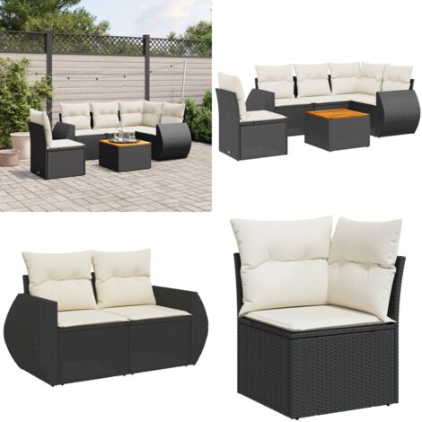 Set Divano da Giardino 6 pz con Cuscini Nero in Polyrattan - Poltrona da giardino - Tavolo da giardino