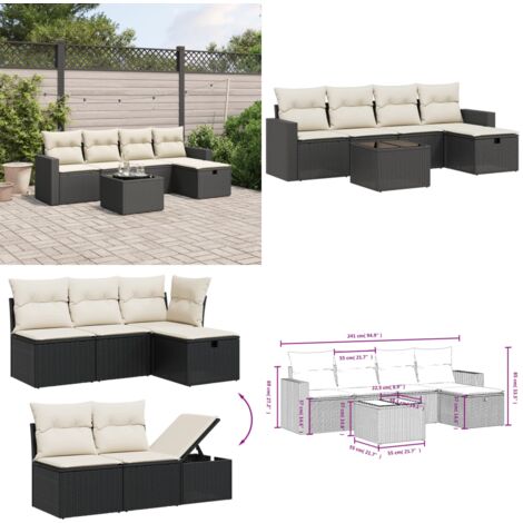 Set Divano da Giardino 6 pz con Cuscini Nero in Polyrattan - Poltrona da giardino - Tavolo da giardino