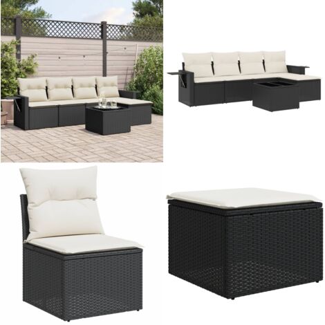Set Divano da Giardino 6 pz con Cuscini Nero in Polyrattan - Poltrona da giardino - Tavolo da giardino