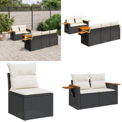 Set Divano da Giardino 6 pz con Cuscini Nero in Polyrattan - Poltrone da giardino - Sedute da esterno