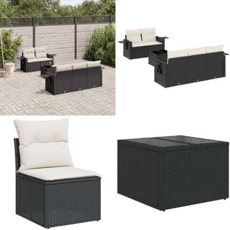 Set Divano da Giardino 6 pz con Cuscini Nero in Polyrattan - Poltrone da giardino - Tavolo da giardino