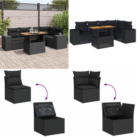 Set Divano da Giardino 6 pz con Cuscini Nero in Polyrattan - Seduta angolare - Tavolo da giardino