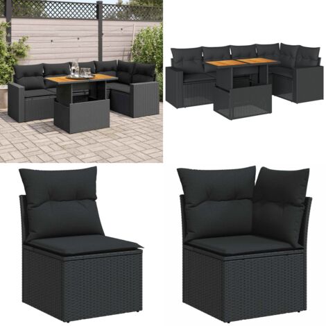 Set Divano da Giardino 6 pz con Cuscini Nero in Polyrattan - Seduta angolare - Tavolo da giardino