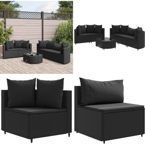 Set Divano da Giardino 6 pz con Cuscini Nero in Polyrattan - Sedute angolari - Cuscini per seduta