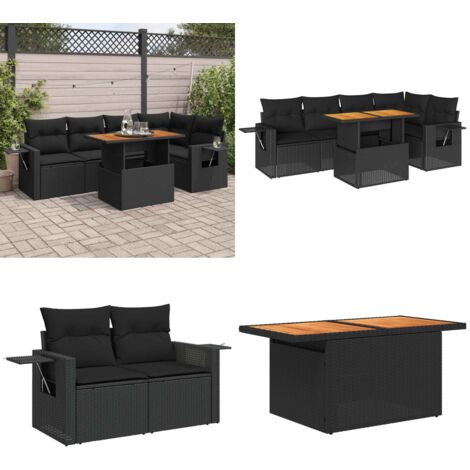 Set Divano da Giardino 6 pz con Cuscini Nero in Polyrattan - Sedute angolari - Tavolo da giardino