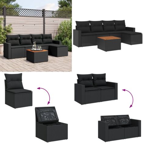 Set Divano da Giardino 6 pz con Cuscini Nero in Polyrattan - Sedute da giardino - Poltrone da giardino