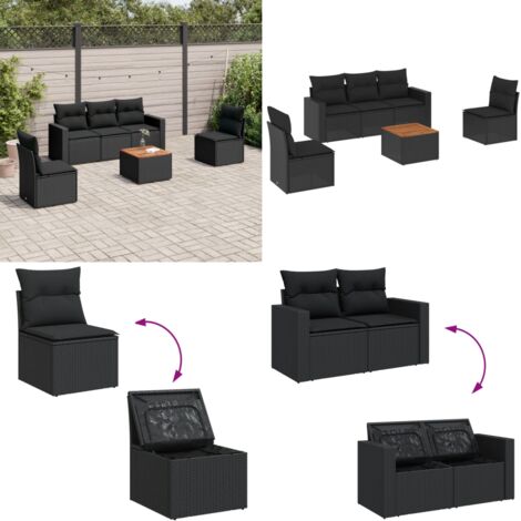 Set Divano da Giardino 6 pz con Cuscini Nero in Polyrattan - Sedute da giardino - Poltrone da giardino